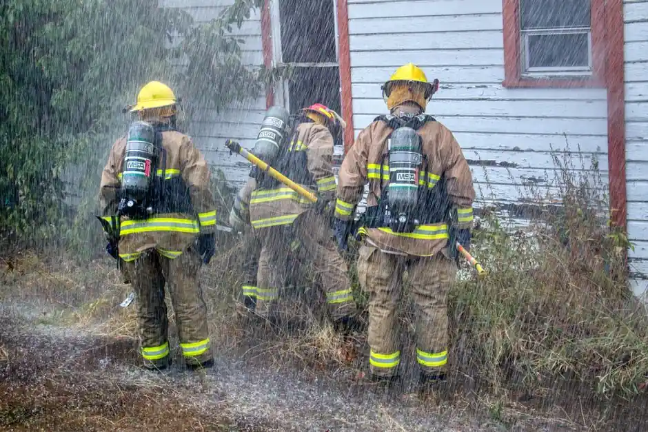 Firefighters in protective gear respond to a house fire with water hoses in Chewelah, WA.